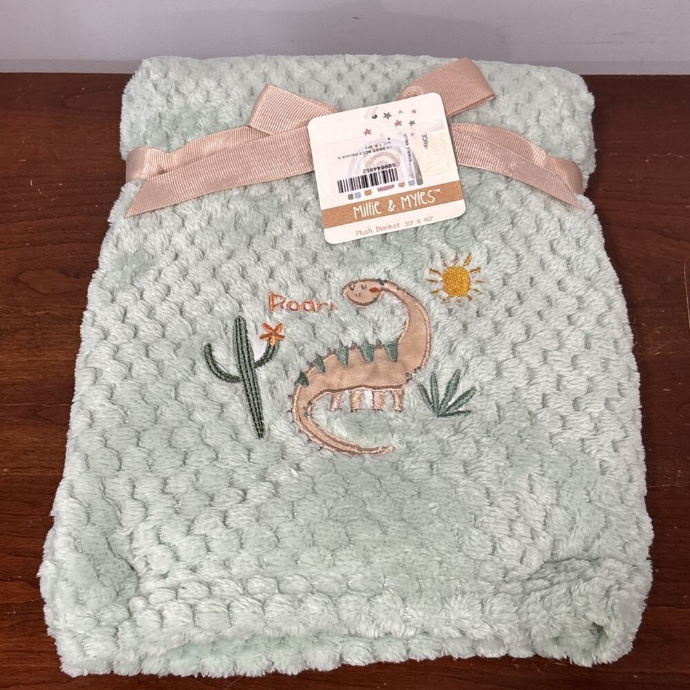 Millie & Myles Dinosaur ROAR Green Baby Blanket Dino Lovey Waffle Textured New
